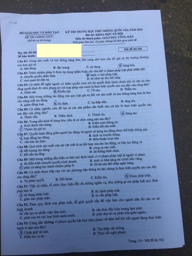 Mã đề 302 môn GDCD 2019 - Đề thi và đáp án GDCD THPTQG 2019 trang 1