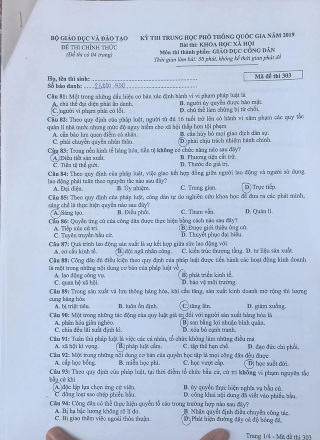 Đề thi THPT quốc gia 2019 môn GDCD mã đề 303 trang 1