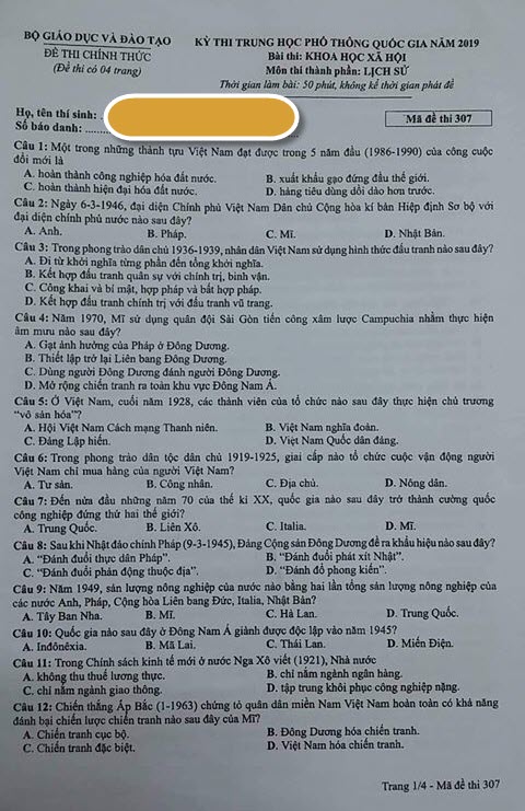 Đề thi THPT quốc gia 2019 môn Sử mã đề 307 1