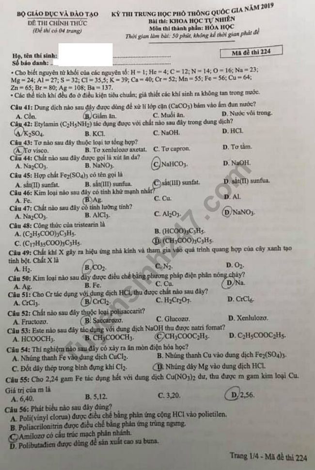 Đề thi THPTQG 2019 môn Hóa học mã đề 224 trang 1