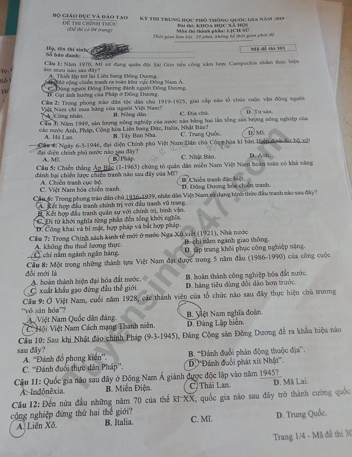 Đề thi môn Lịch sử THPTQG 2019 mã đề 301 trang 1