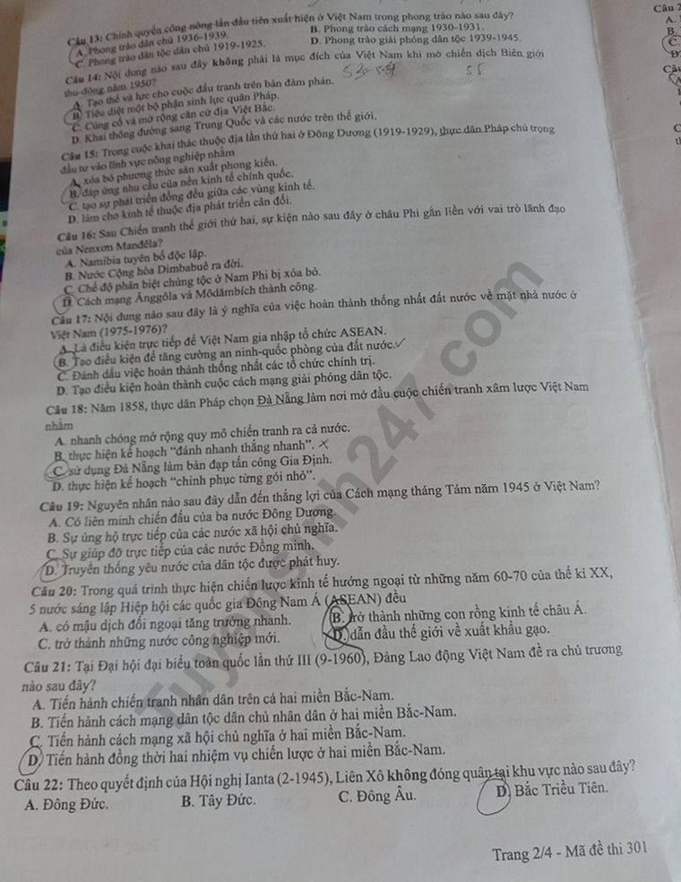 Đề thi môn Lịch sử THPTQG 2019 mã đề 301 trang 2