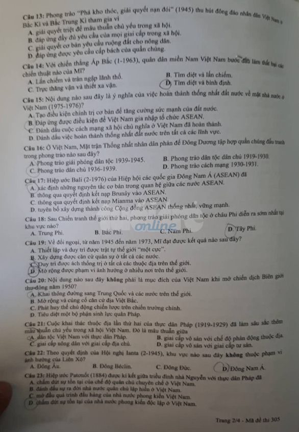 Đề thi môn Lịch sử THPTQG 2019 mã đề 305 trang 2