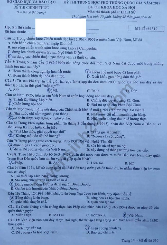 Đề thi môn Lịch sử THPTQG 2019 mã 310 trang 1
