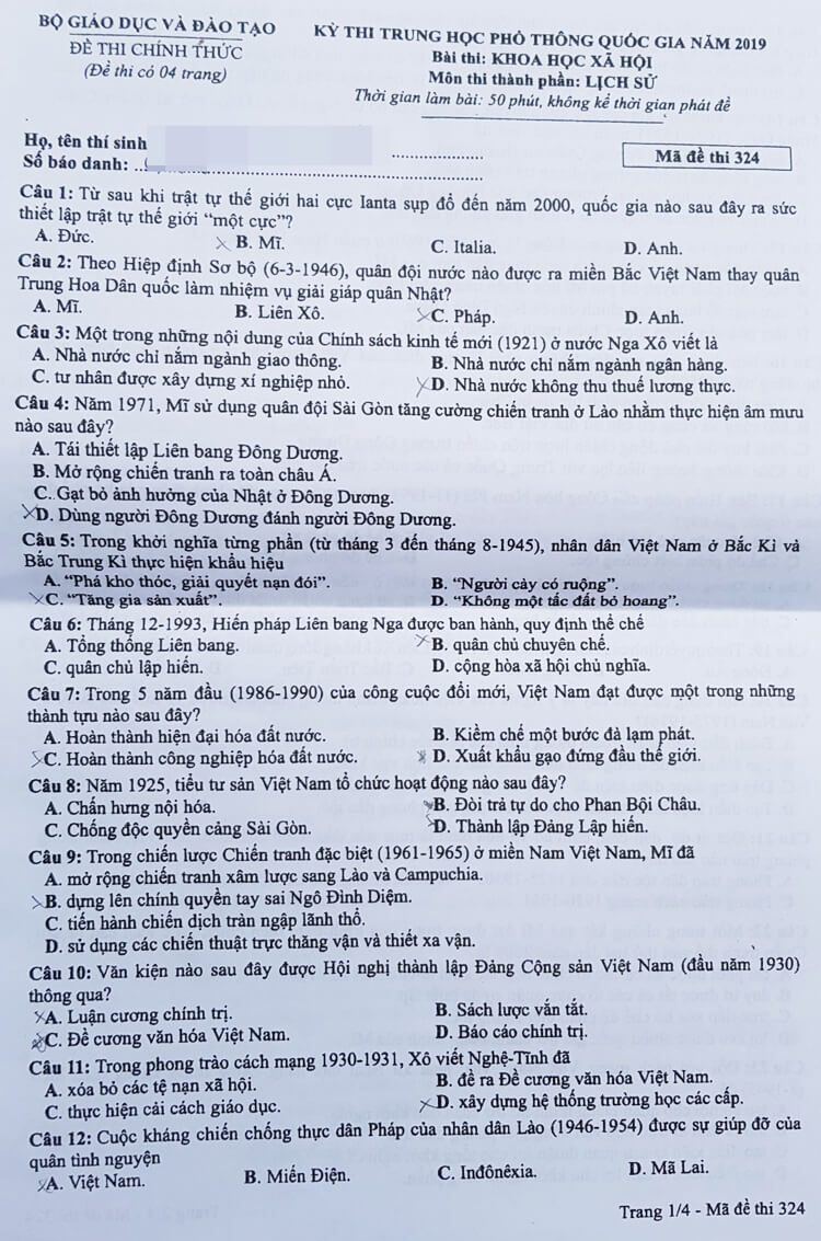 Đề thi môn Lịch sử THPTQG 2019 mã đề 324 trang 1