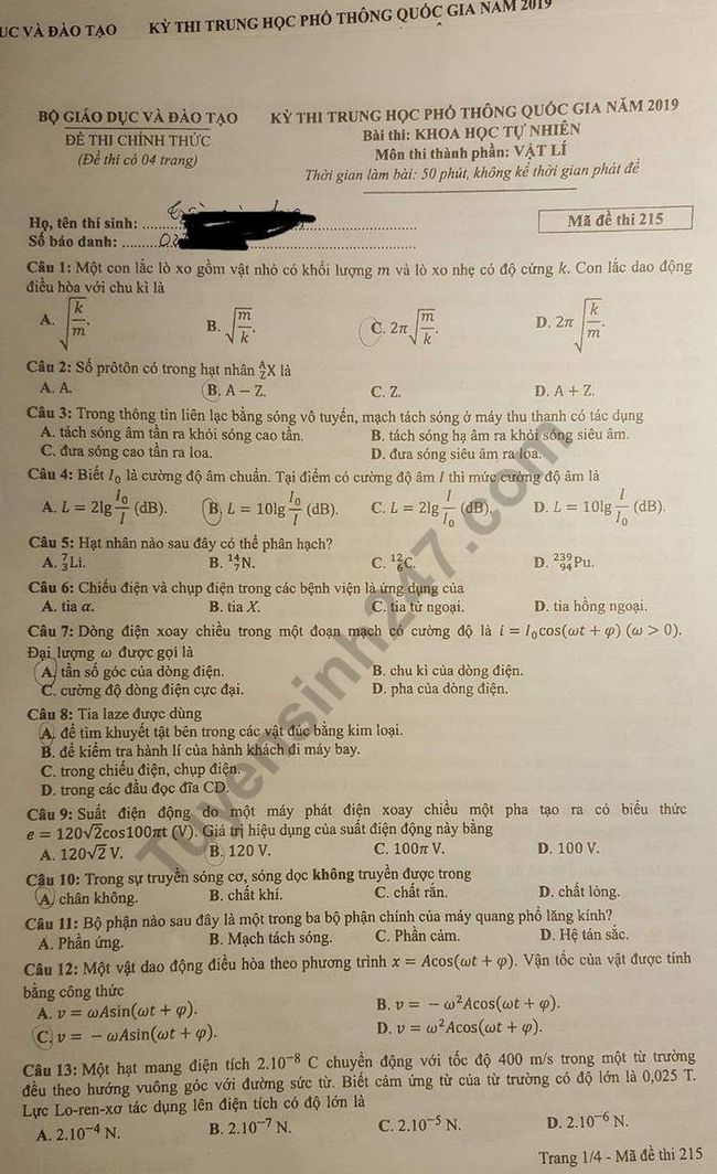 Đề thi THPTQG 2019 môn Lí mã đề 215 trang 1