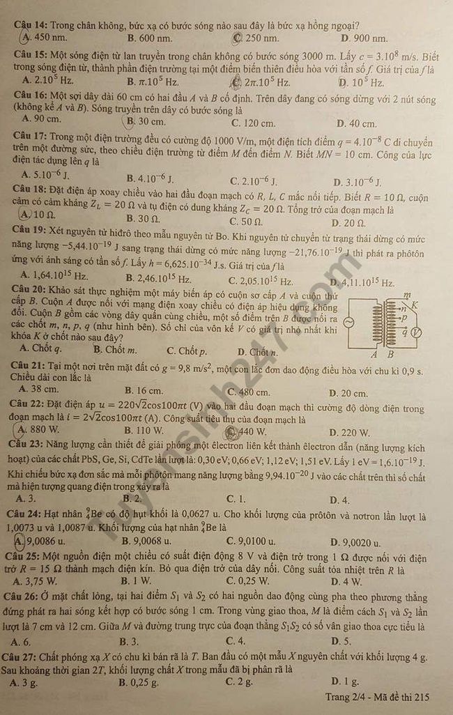 Đề thi THPTQG 2019 môn Lí mã đề 215 trang 2