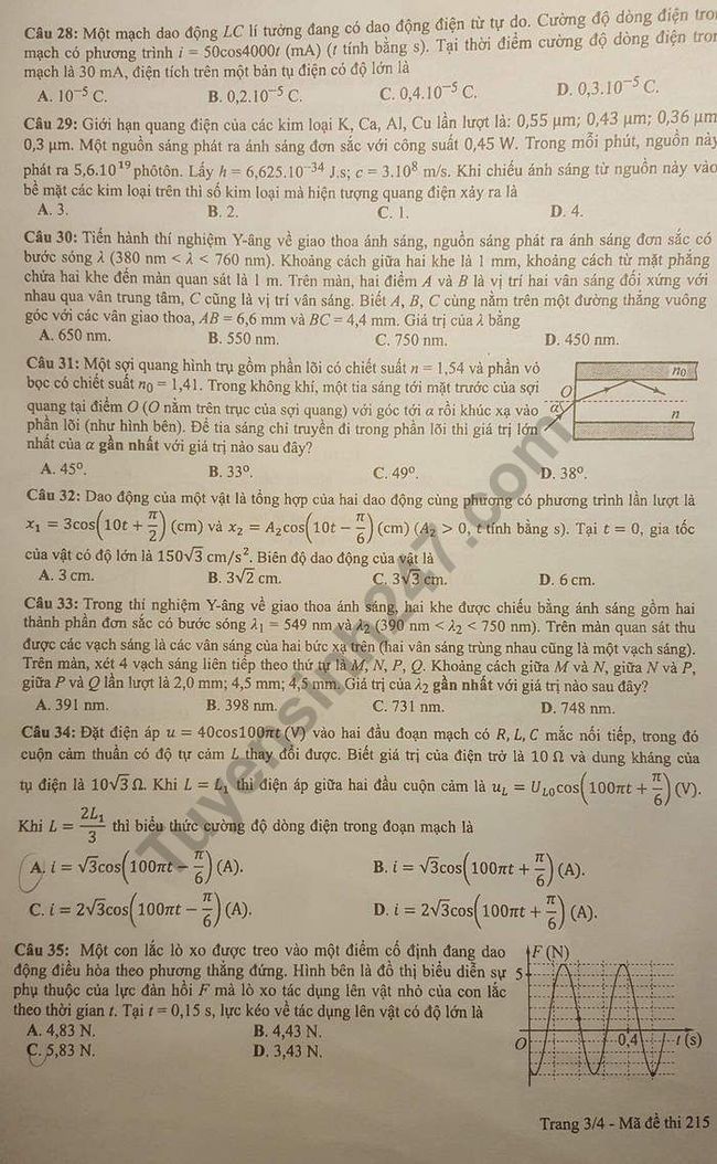 Đề thi THPTQG 2019 môn Lí mã đề 215 trang 3