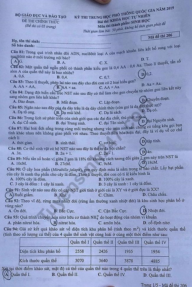 Đề thi THPTQG 2019 môn Sinh học mã đề 206 trang 1