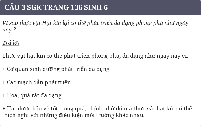 Câu 3 trang 136 SGK Sinh 6