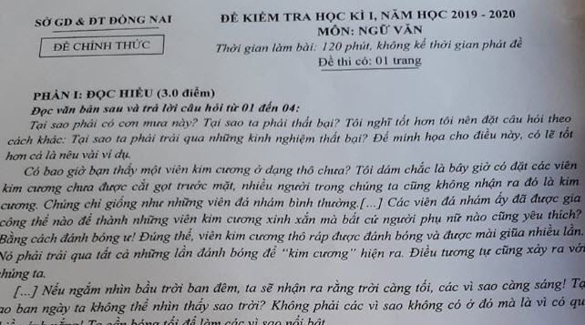 Đề thi học kì 1 môn Ngữ văn 12 tỉnh Đồng Nai năm 2019