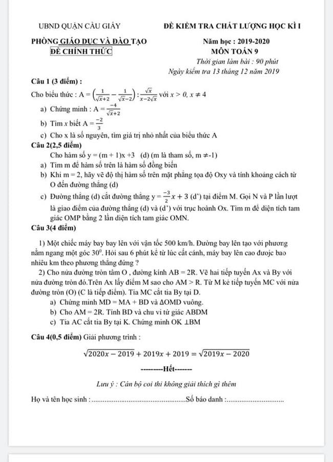 Đề thi học kì 1 Toán 9 quận Cầu Giấy năm 2019
