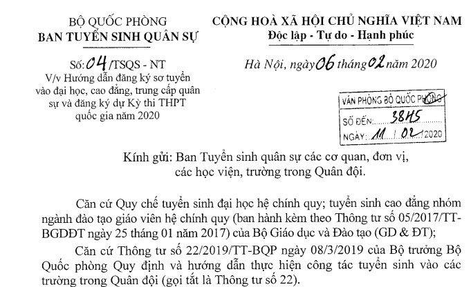 Hướng dẫn đăng ký sơ tuyển vào đại học, cao đẳng, trung cấp quân sự năm 2020