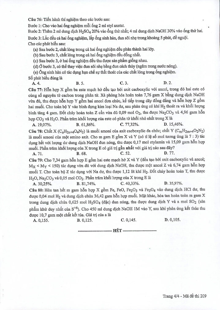 Đề thi THPT quốc gia 2019 môn Hóa mã đề 209 trang 4