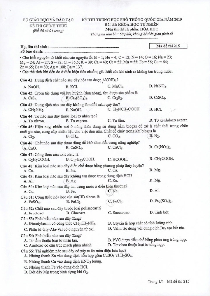 Đề thi THPT quốc gia 2019 môn Hóa mã đề 215 trang 1