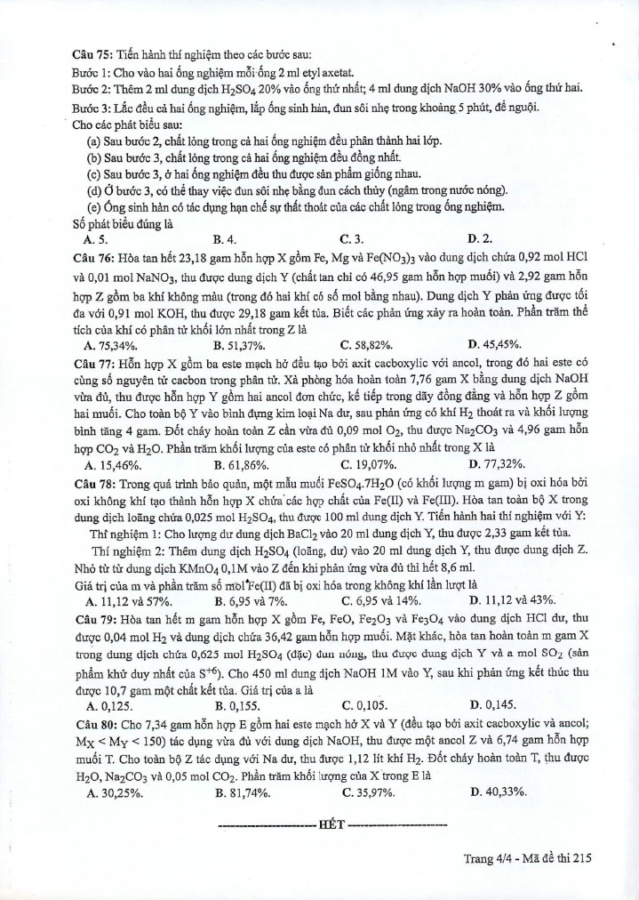 Đề thi THPT quốc gia 2019 môn Hóa mã đề 215 trang 4