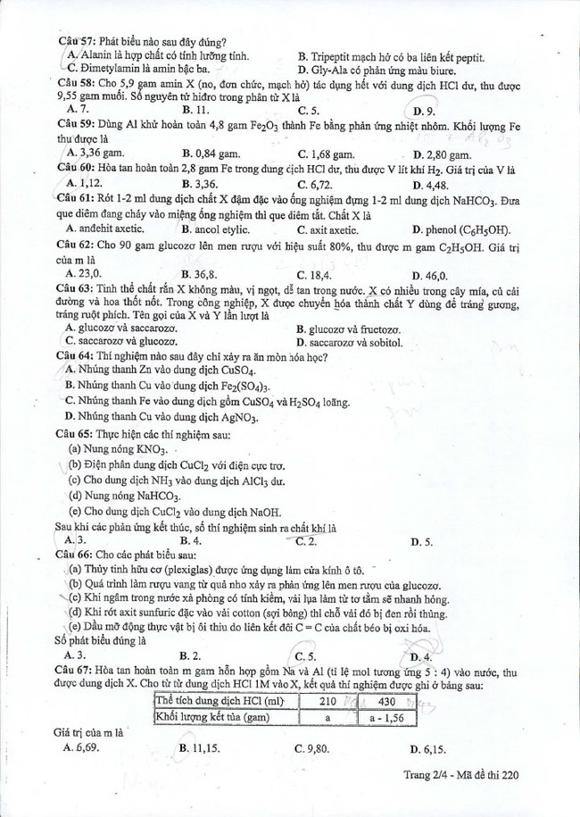 Đề thi THPT quốc gia 2019 môn Hóa mã đề 220 trang 2