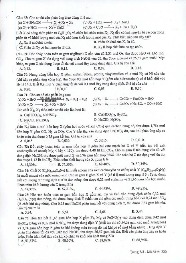 Đề thi THPT quốc gia 2019 môn Hóa mã đề 220 trang 3