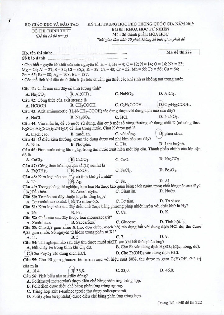 Đề thi THPT quốc gia 2019 môn Hóa mã đề 222 trang 1