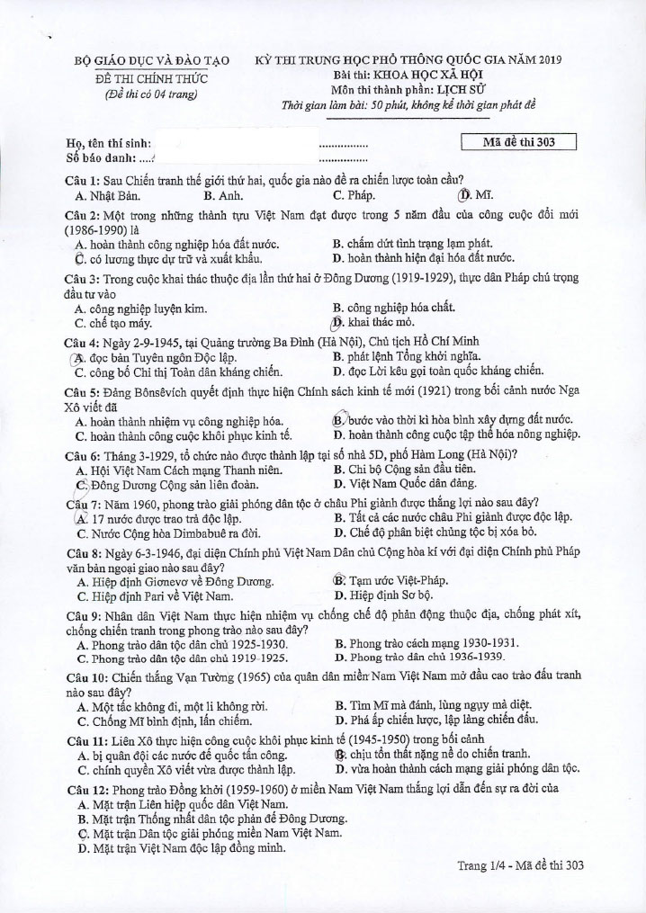 Đề thi Lịch sử THPT quốc gia 2019 mã đề 303 trang 1