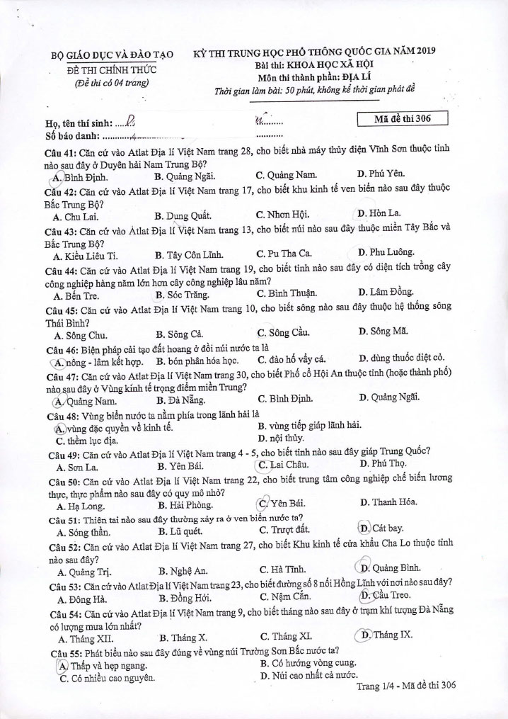 Đề thi THPT quốc gia 2019 môn Địa mã đề 306 trang 1