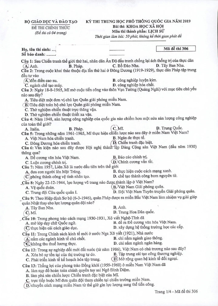 Đề thi Lịch sử THPT quốc gia 2019 mã đề 306 trang 1