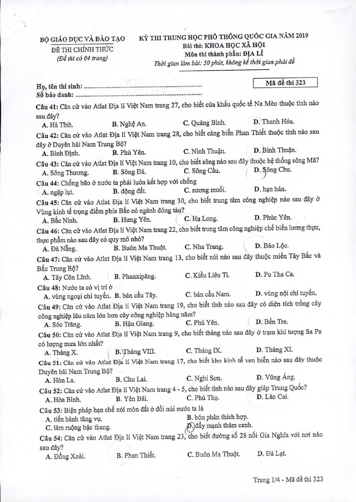Đề thi THPT quốc gia 2019 môn Địa mã đề 323 trang 1