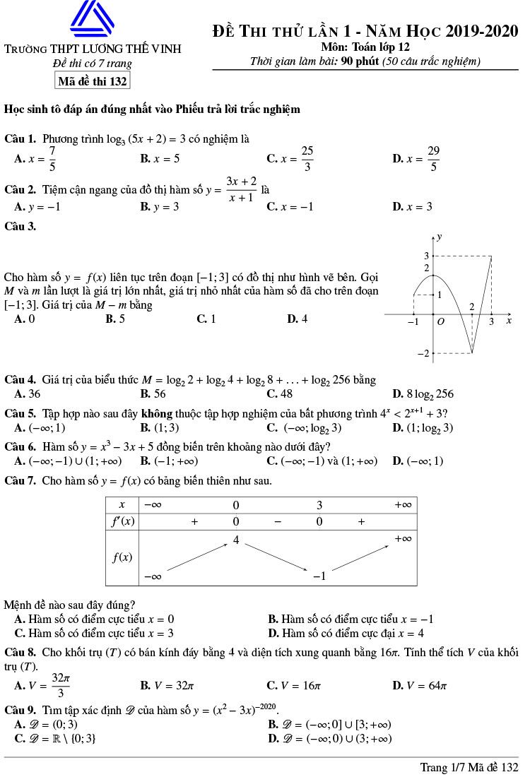 Đề thi thử THPTQG môn Toán lần 1 năm 2020 THPT Lương Thế Vinh mã 132 1