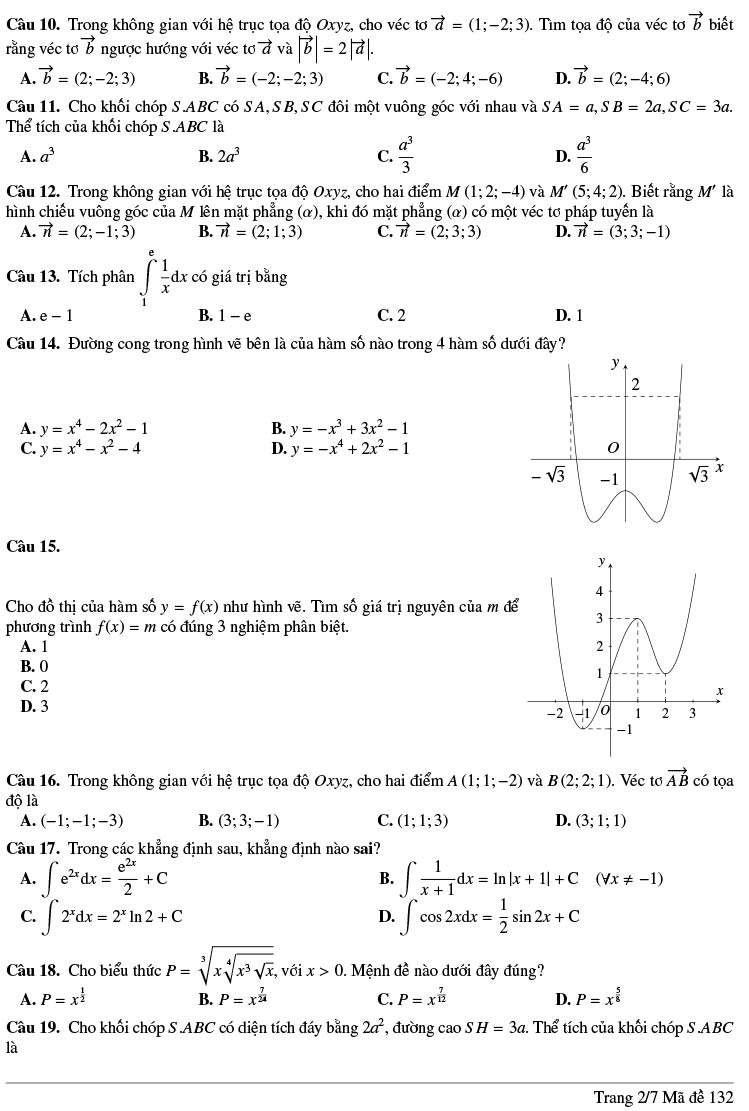 Đề thi thử THPTQG môn Toán lần 1 năm 2020 THPT Lương Thế Vinh mã 132 2