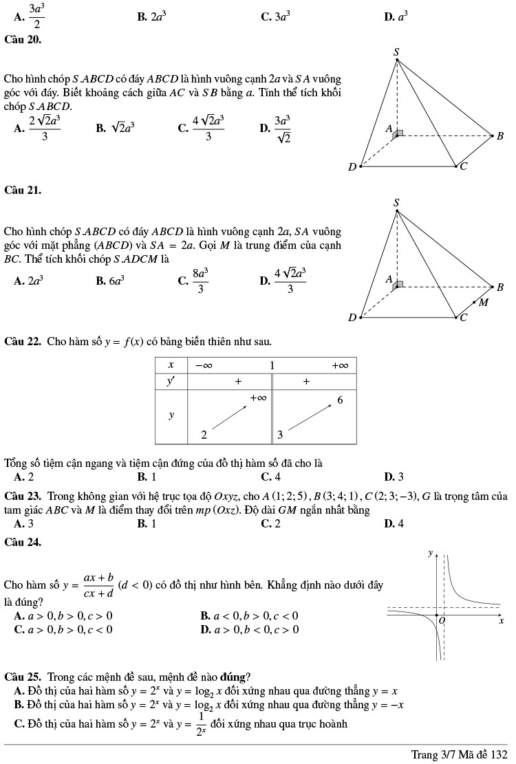 Đề thi thử THPTQG môn Toán lần 1 năm 2020 THPT Lương Thế Vinh mã 132 3