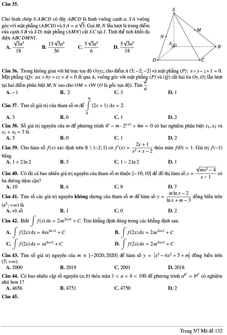Đề thi thử THPTQG môn Toán lần 1 năm 2020 THPT Lương Thế Vinh mã 132 6