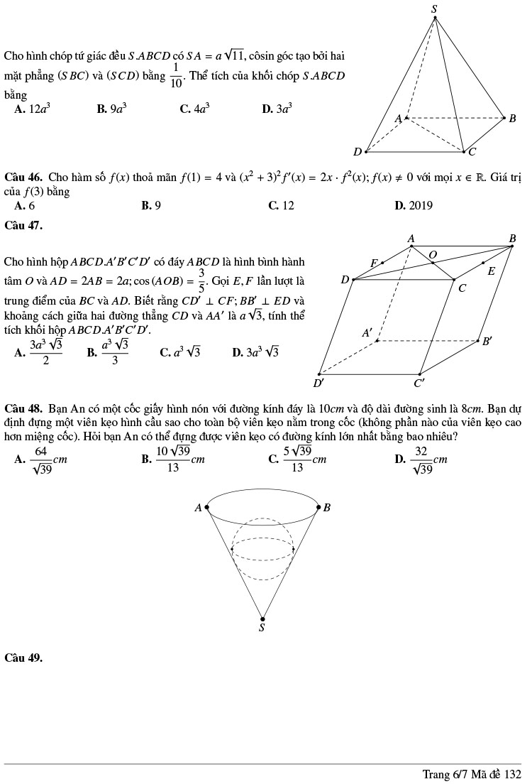 Đề thi thử THPTQG môn Toán lần 1 năm 2020 THPT Lương Thế Vinh mã 132 7