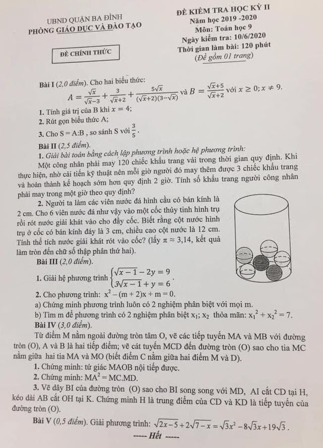 Đề thi học kì 2 môn Toán Quận Ba Đình năm 2020
