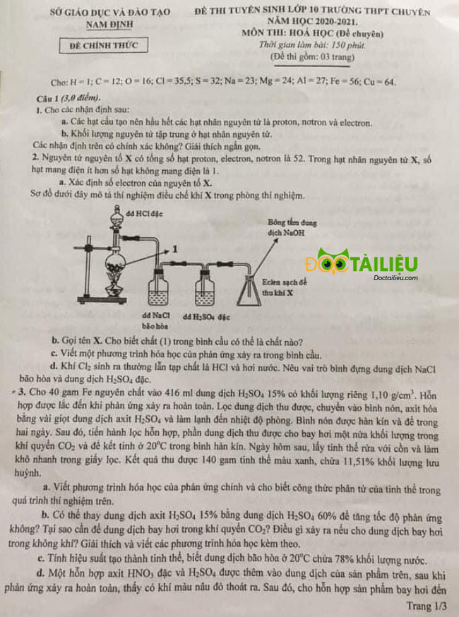 Đề Hóa chuyên vào 10 Chuyên Lê Hồng Phong năm 2020 trang 1