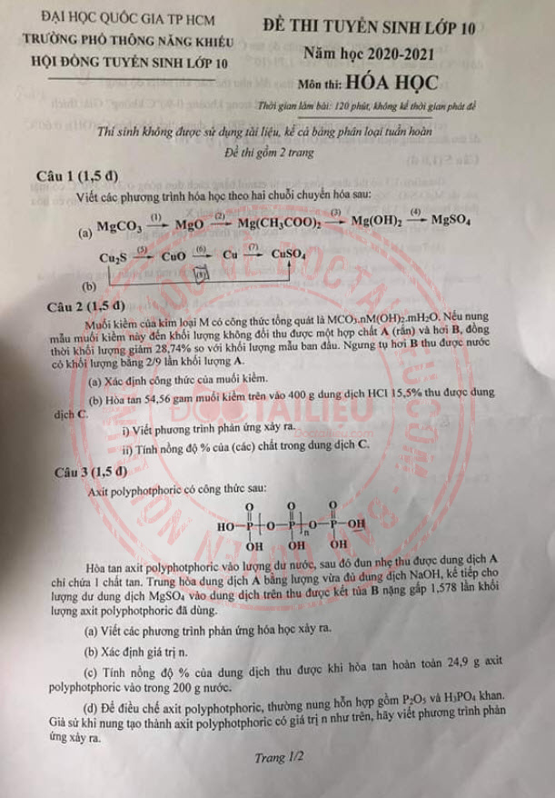 Đề thi tuyển sinh vào lớp 10 chuyên Hóa năm 2020 PTNK ảnh 1