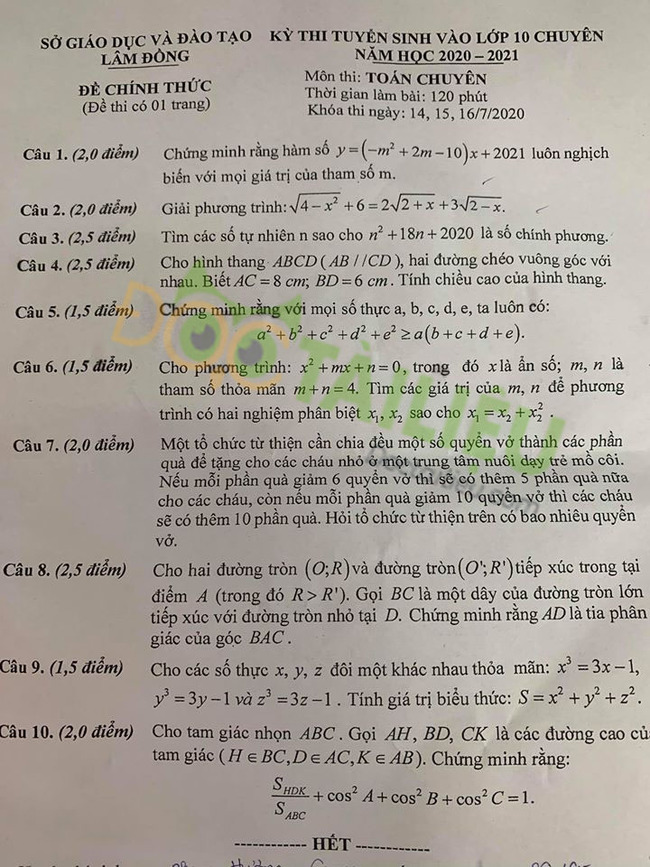 Đề thi vào lớp 10 môn Toán chuyên năm 2020 Lâm Đồng