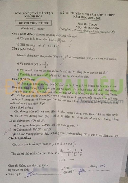 đề thi toán vào 10 năm 2020 tỉnh Khánh Hoà