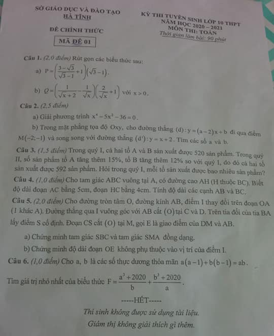 đề thi tuyển sinh vào lớp 10 môn toán 2020 Hà Tĩnh