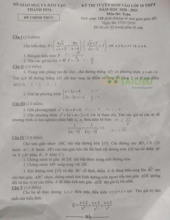Đề thi tuyển sinh vào lớp 10 môn toán 2020 Thanh Hoá