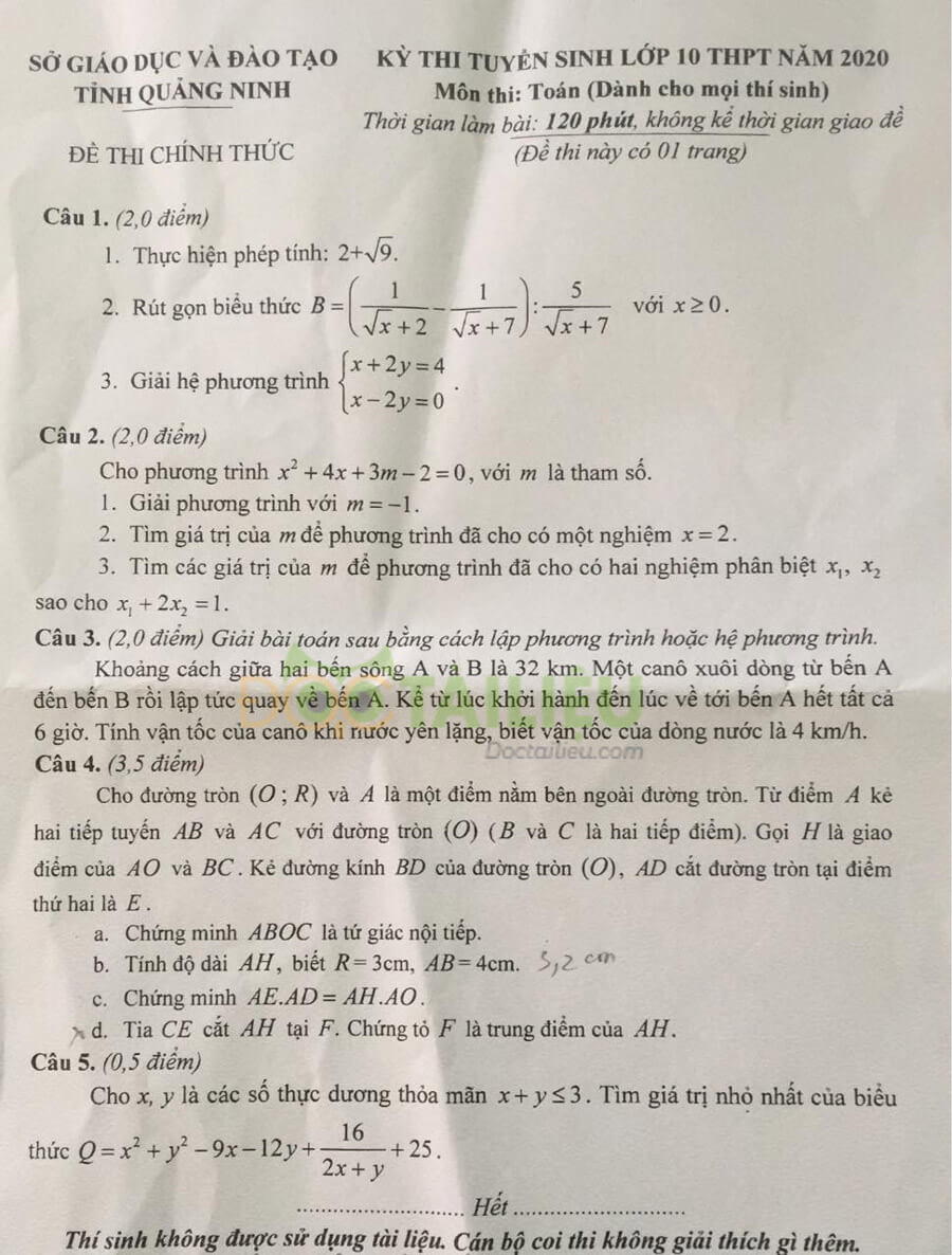 đề thi tuyển sinh lớp 10 môn toán 2020 Quảng Ninh