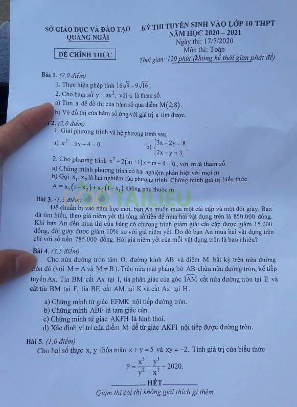 đề thi tuyển sinh vào lớp 10 môn toán 2020 Quảng Ngãi