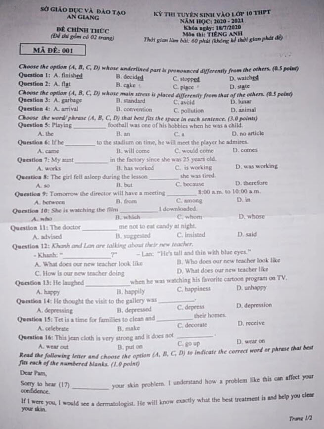 đề thi tuyển sinh lớp 10 môn Anh An Giang năm 2020 ảnh 1