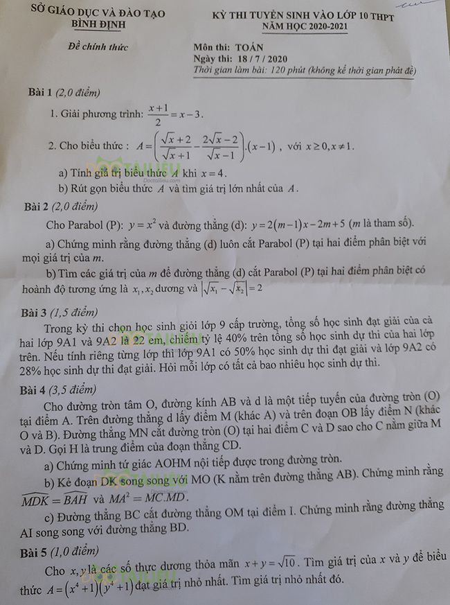Đề thi tuyển sinh vào lớp 10 môn toán tỉnh Bình Định năm 2020