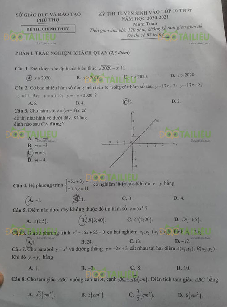đề thi tuyển sinh lớp 10 môn Toán Phú Thọ năm 2020 ảnh 1