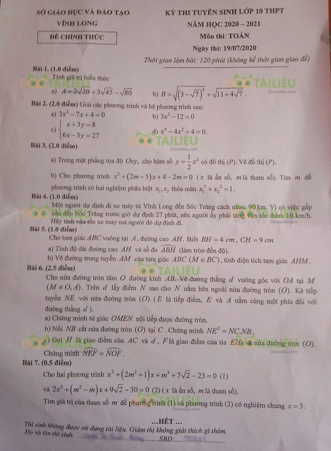 đề thi toán vào 10 năm 2020 tỉnh Vĩnh Long