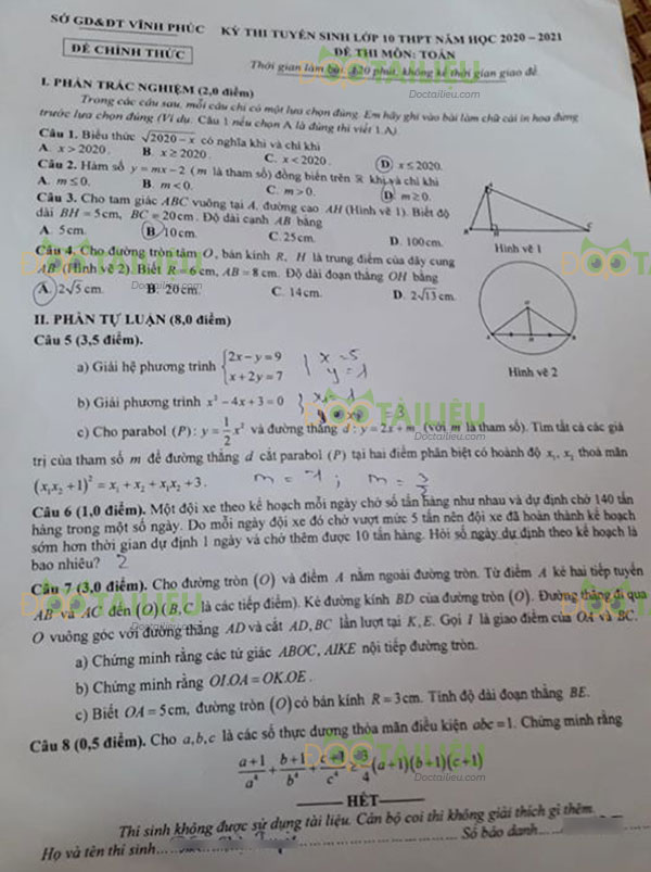 Đề thi tuyển sinh vào lớp 10 môn Toán  Vĩnh Phúc  năm 2020