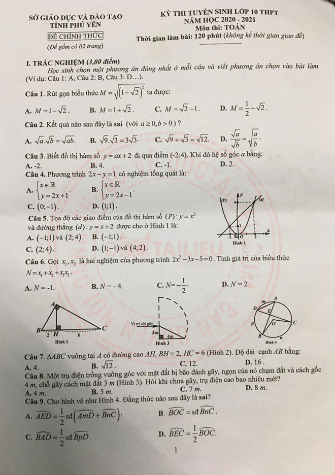 đề thi tuyển sinh vào lớp 10 môn toán 2020 Phú Yên