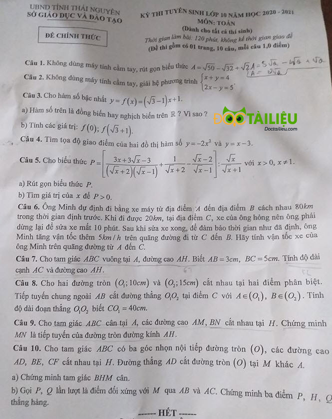 đề thi toán vào 10 năm 2020 tỉnh Thái Nguyên