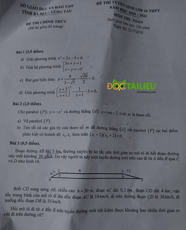 đề thi tuyển sinh vào lướp 10 môn toán Vũng Tàu 2020