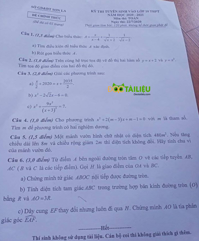 đề thi tuyển sinh lớp 10 môn toán Sơn La năm 2020